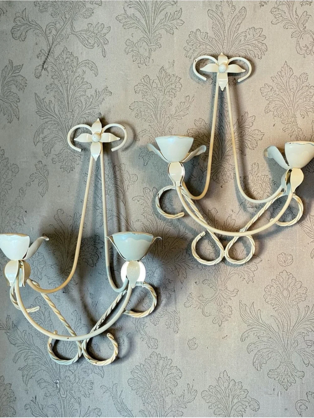 VINTAGE FLORAL METAL OFF WHITE  WALL SCONCES CANDLE HOLDERS